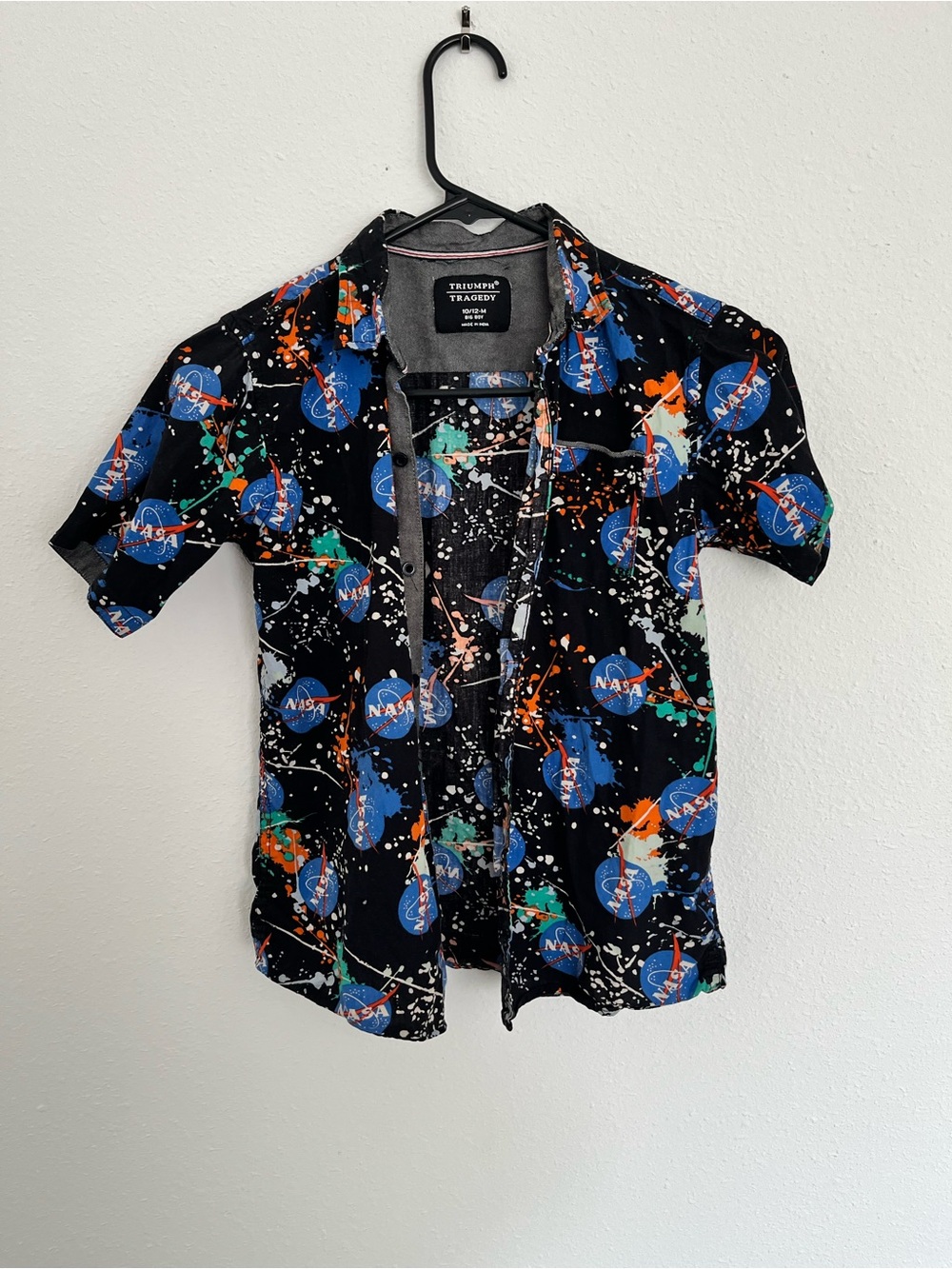 Triumph Black Short-Sleeve Button-Down with NASA Logo and Paint Splatter